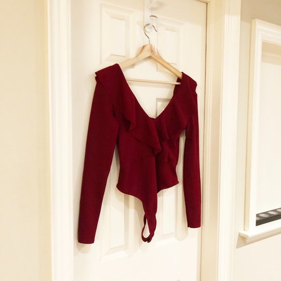 Boohoo Dark Red Ruffle Long Sleeved Bodysuit - Picture 3 of 7
